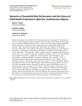 Dynamics of Household Role Performance and the Culture of Child Health Production in Igbo-Ora, Southwestern Nigeria