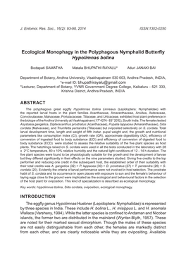 Ecological Monophagy in the Polyphagous Nymphalid Butterfly Hypolimnas Bolina