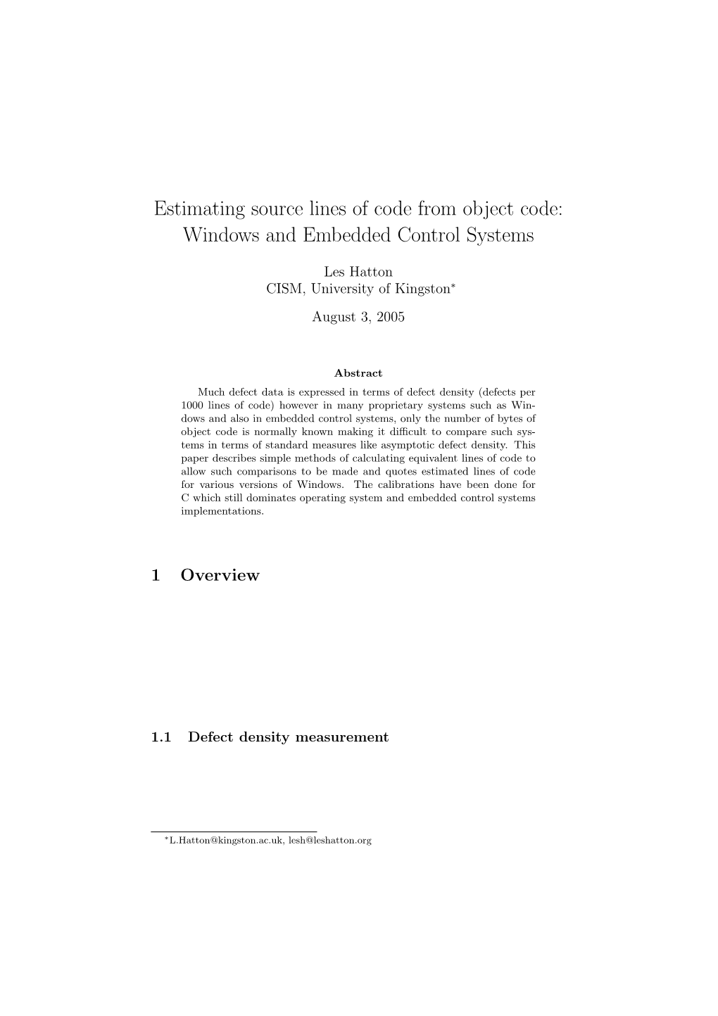 Estimating Source Lines of Code from Object Code: Windows and Embedded Control Systems