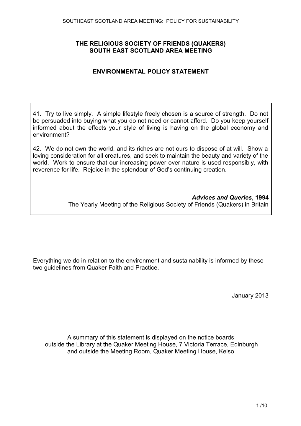 Southeast Scotland Area Meeting: Policy for Sustainability