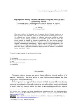 Language Use Among Japanese-Korean Bilinguals with Age As a Determining Factor: Students at a Chosengakko, Korean School in Japan