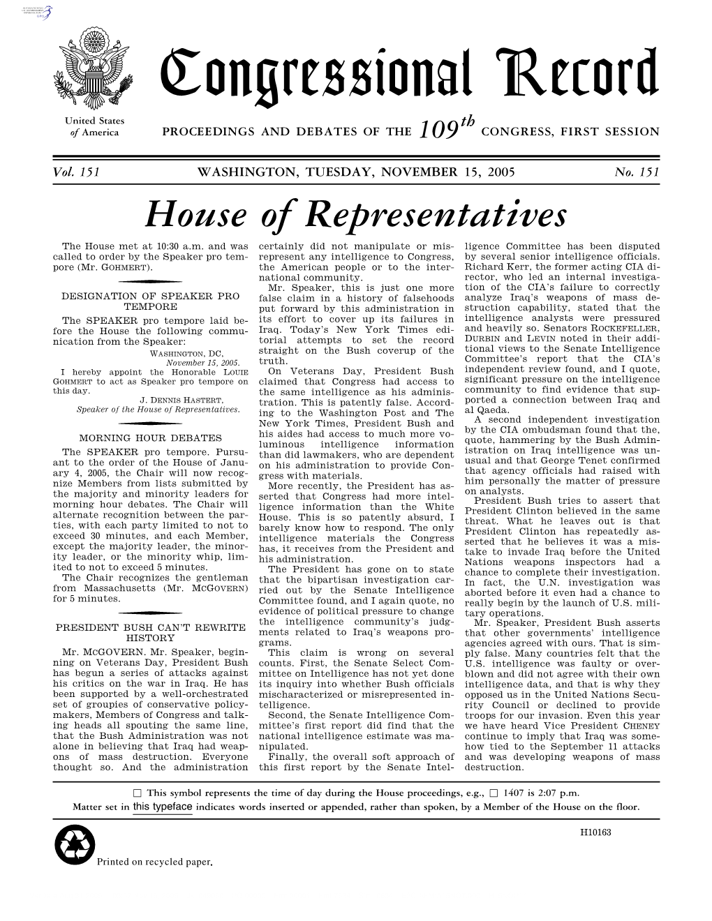 Congressional Record United States Th of America PROCEEDINGS and DEBATES of the 109 CONGRESS, FIRST SESSION