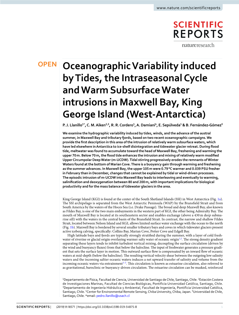 Oceanographic Variability Induced by Tides, the Intraseasonal Cycle and Warm Subsurface Water Intrusions in Maxwell Bay, King George Island (West-Antarctica) P