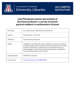 Late Pleistocene Plants and Animals of the Sonoran Desert: a Survey of Ancient Packrat Middens in Southwestern Arizona