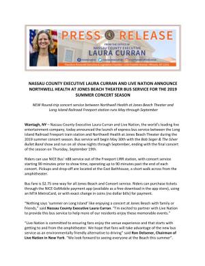 Nassau County Executive Laura Curran and Live Nation Announce Northwell Health at Jones Beach Theater Bus Service for the 2019 Summer Concert Season