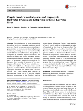 Nonindigenous and Cryptogenic Freshwater Bryozoa and Entoprocta in the St. Lawrence River