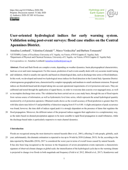 User-Oriented Hydrological Indices for Early Warning System. Validation Using Post-Event Surveys: Flood Case Studies on the Central Apennines District