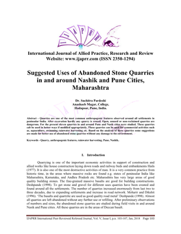Suggested Uses of Abandoned Stone Quarries in and Around Nashik and Pune Cities, Maharashtra