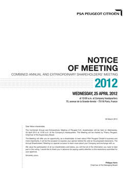 NOTICE of MEETING COMBINED ANNUAL and EXTRAORDINARY SHAREHOLDERS’ MEETING 2012 WEDNESDAY, 25 APRIL 2012 at 10:00 A.M
