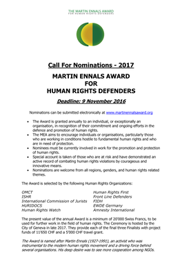 Call for Nominations - 2017 MARTIN ENNALS AWARD for HUMAN RIGHTS DEFENDERS