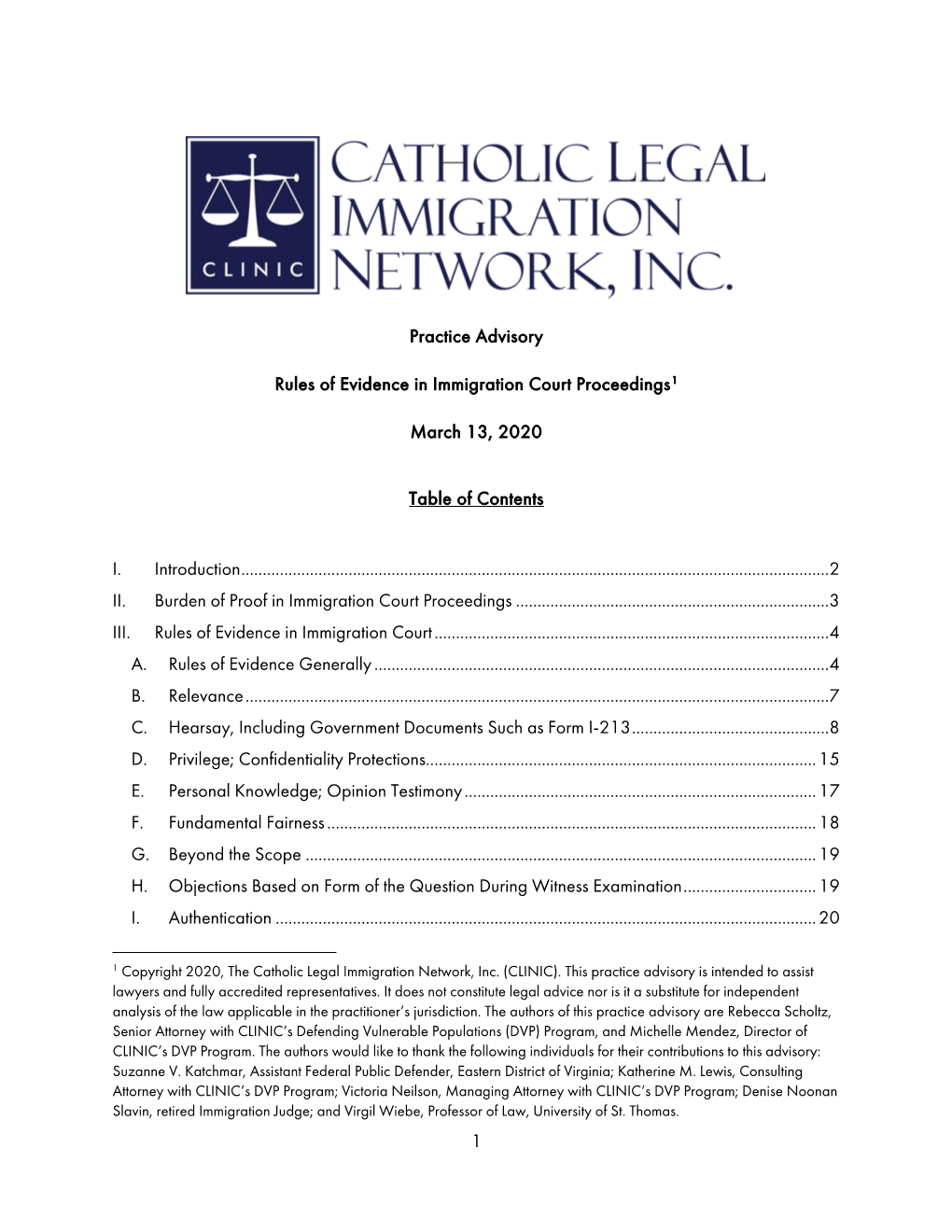 1 Practice Advisory Rules of Evidence in Immigration Court Proceedings1 March 13, 2020 Table of Contents I. Introduction