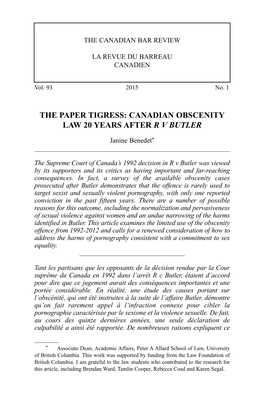 Canadian Obscenity Law 20 Years After R V Butler