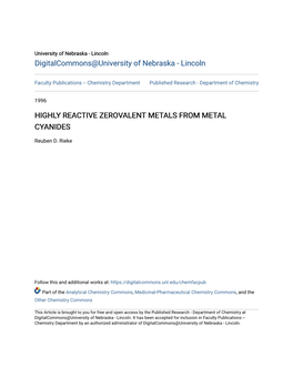 Highly Reactive Zerovalent Metals from Metal Cyanides
