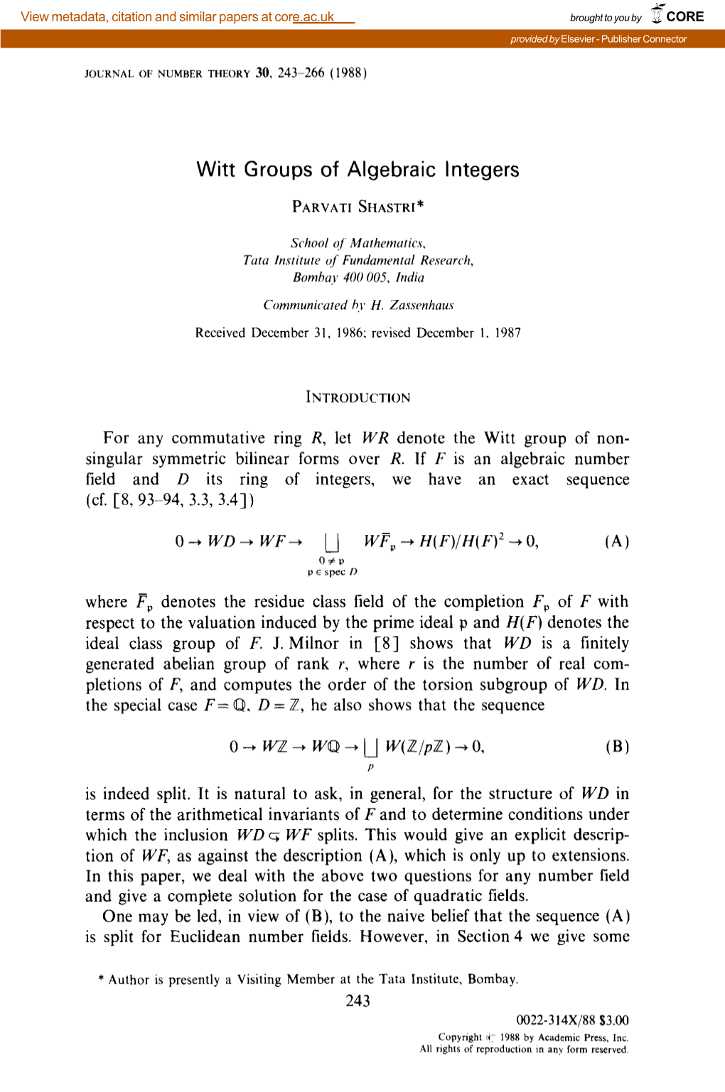 Witt Groups of Algebraic Integers