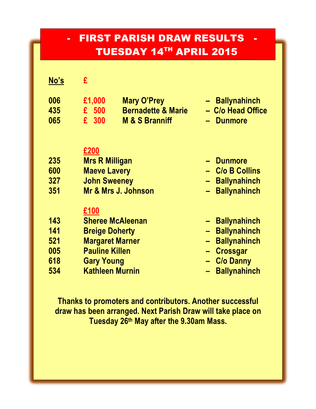 First Parish Draw Results - Tuesday 14Th April 2015