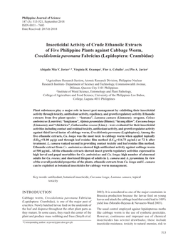 Insecticidal Activity of Crude Ethanolic Extracts of Five Philippine Plants Against Cabbage Worm, Crocidolomia Pavonana Fabricius (Lepidoptera: Crambidae)