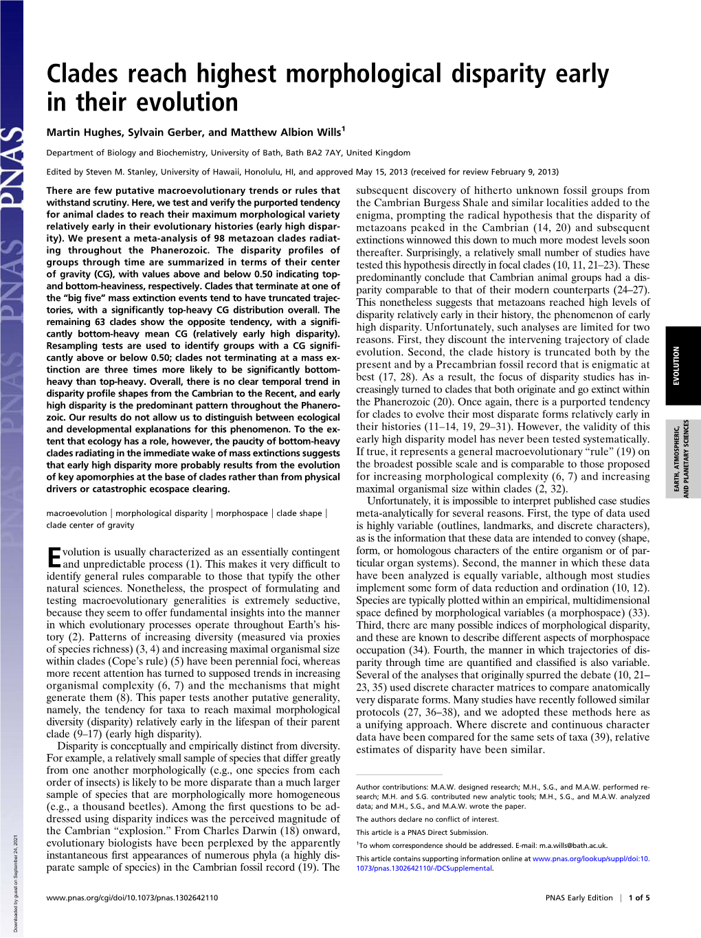 Clades Reach Highest Morphological Disparity Early in Their Evolution