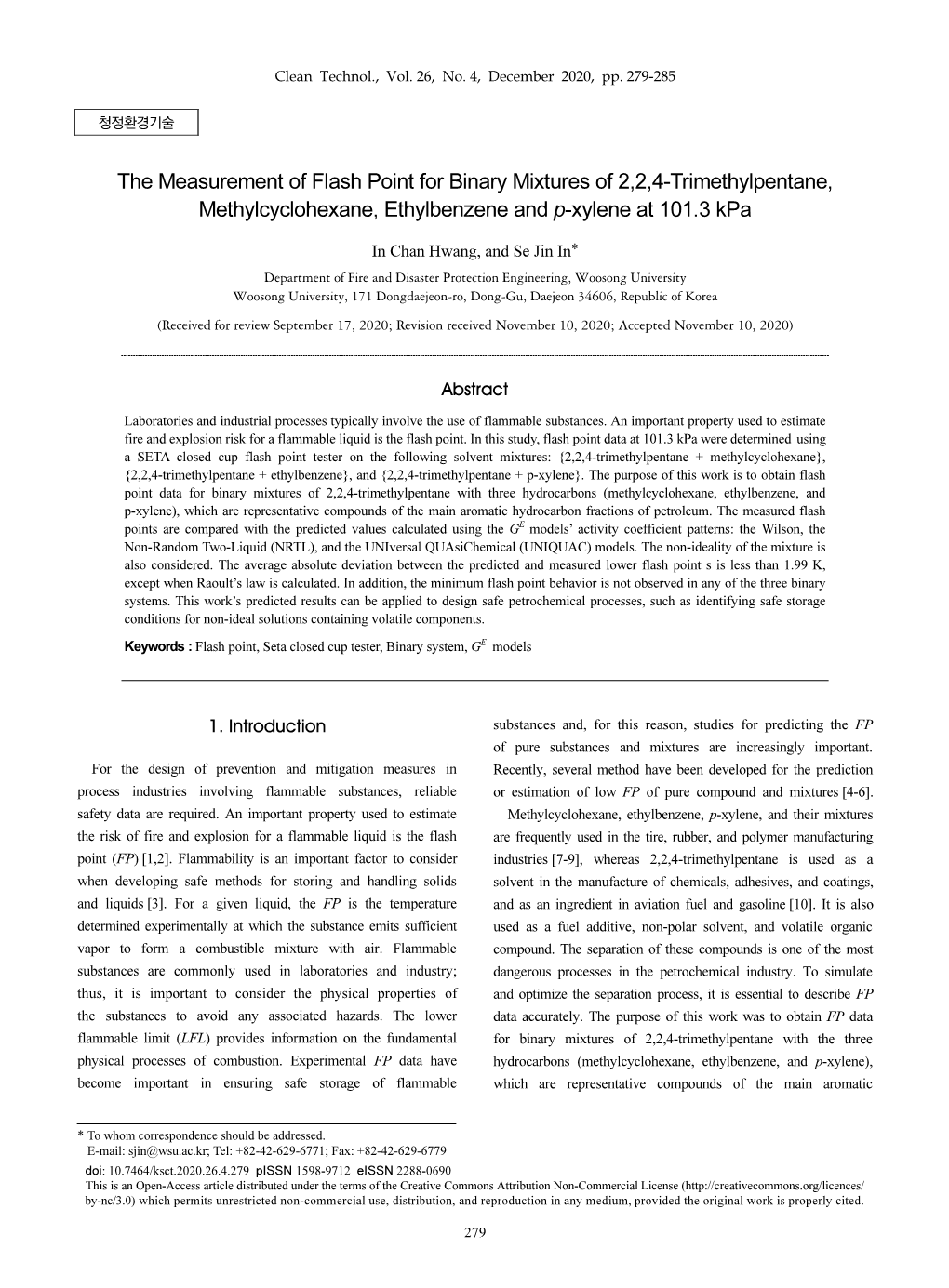 The Measurement of Flash Point for Binary Mixtures of 2,2,4-Trimethylpentane, Methylcyclohexane, Ethylbenzene and P-Xylene at 101.3 Kpa