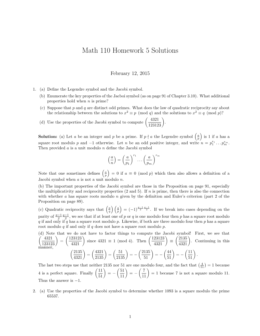 Math 110 Homework 5 Solutions