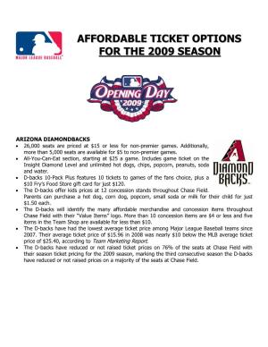 MLB's 2009 Affordable Ticket Summary