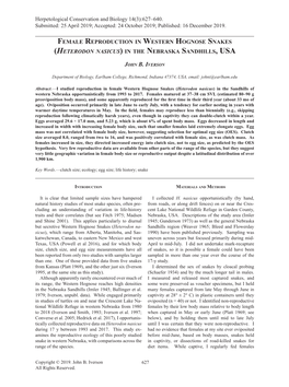 Female Reproduction in Western Hognose Snakes (Heterodon Nasicus) in the Nebraska Sandhills, USA