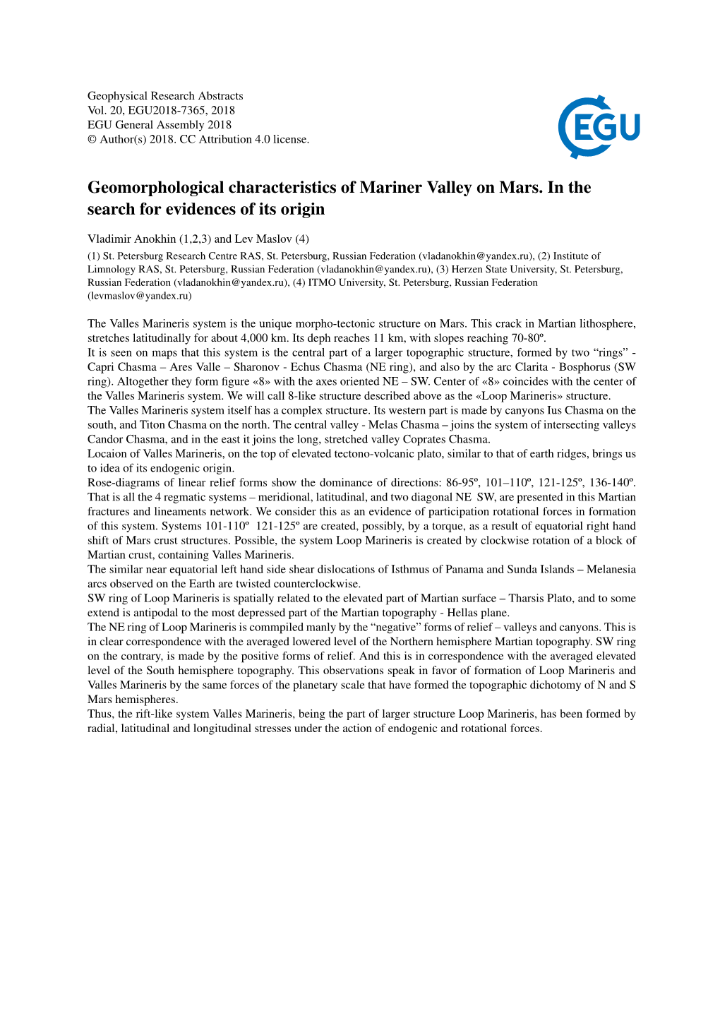 Geomorphological Characteristics of Mariner Valley on Mars. in the Search for Evidences of Its Origin