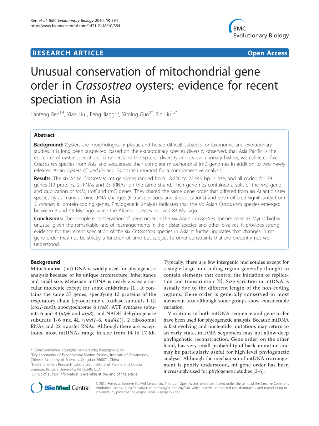 Unusual Conservation of Mitochondrial Gene Order In