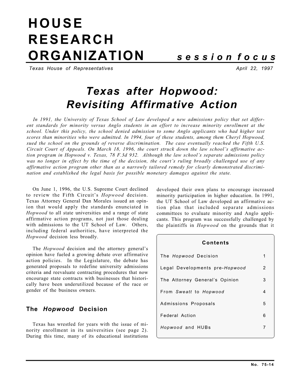 Texas After Hopwood: Revisiting Affirmative Action