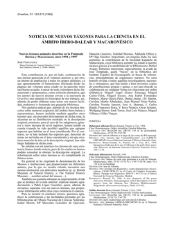 Nuevos Táxones Animales Descritos En La Península Manuela Guerrero, Soledad Moreno, Adelaida Orbiso Y Ibérica Y Macaronesia Entre 1994 Y 1997 Mª Olga Sánchez