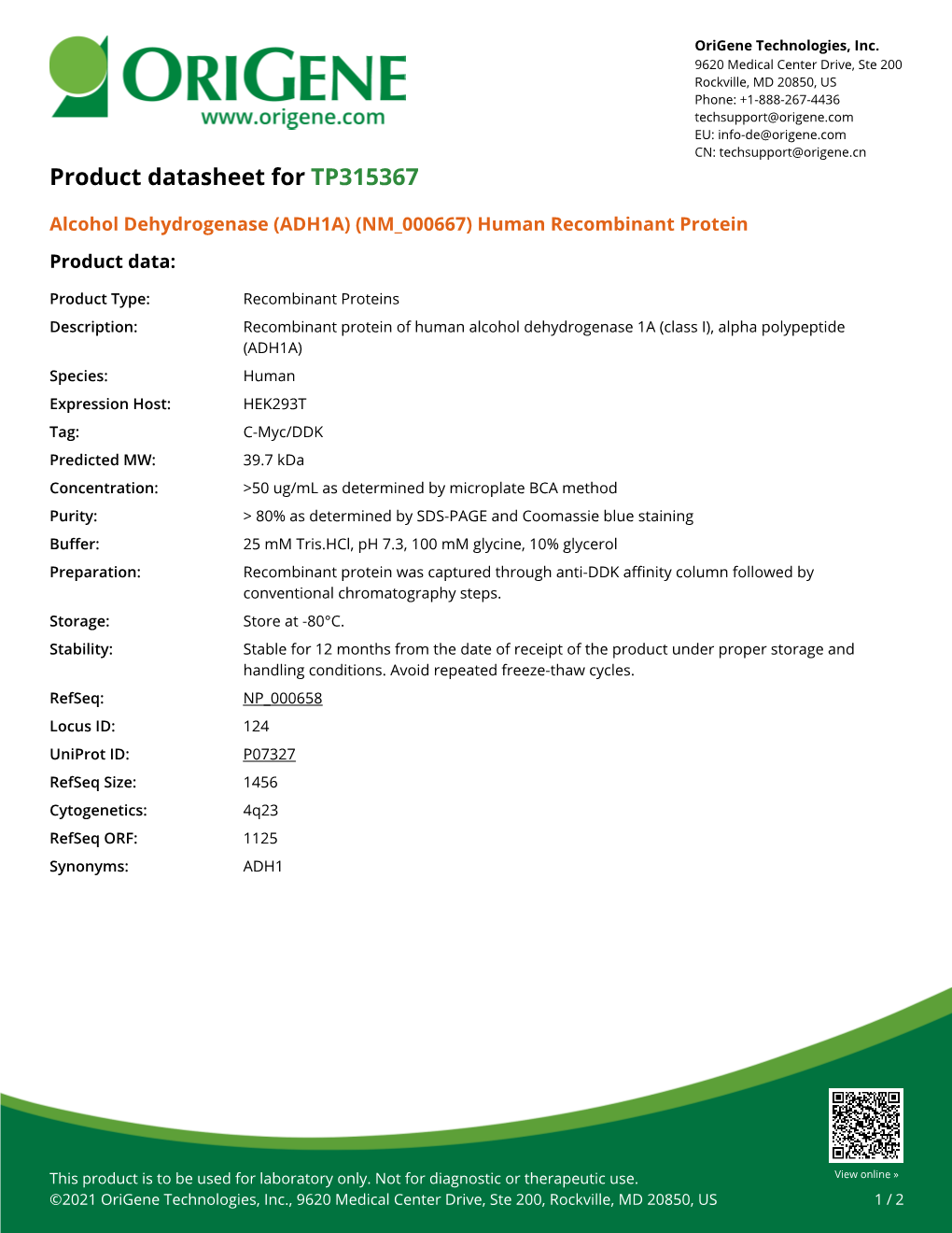 Alcohol Dehydrogenase (ADH1A) (NM 000667) Human Recombinant Protein Product Data