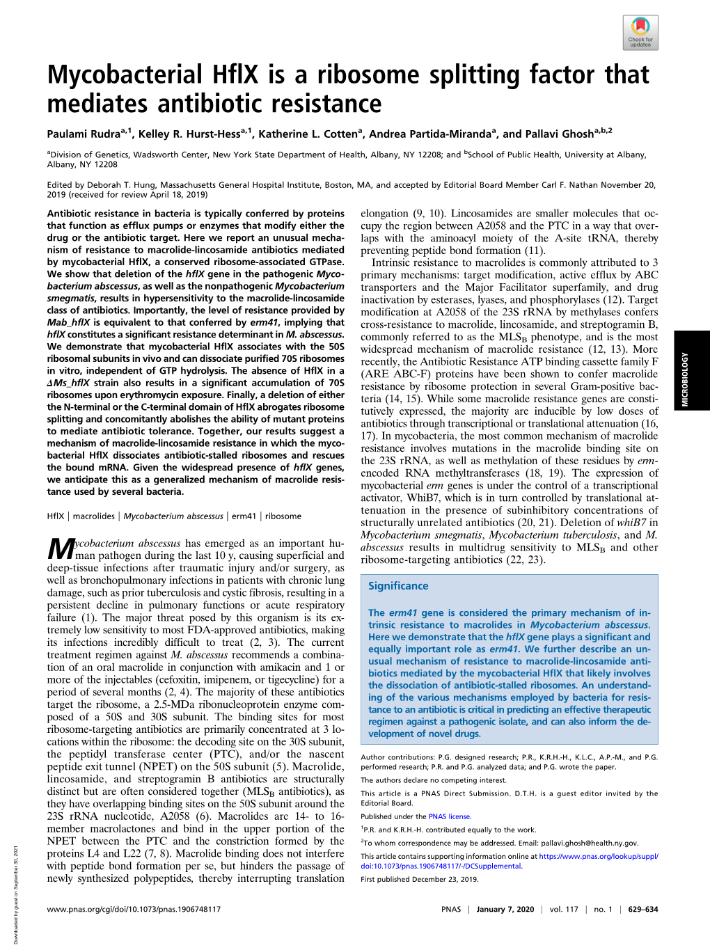 Mycobacterial Hflx Is a Ribosome Splitting Factor That Mediates Antibiotic Resistance