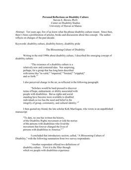 Personal Reflections on Disability Culture Steven E. Brown, Ph.D