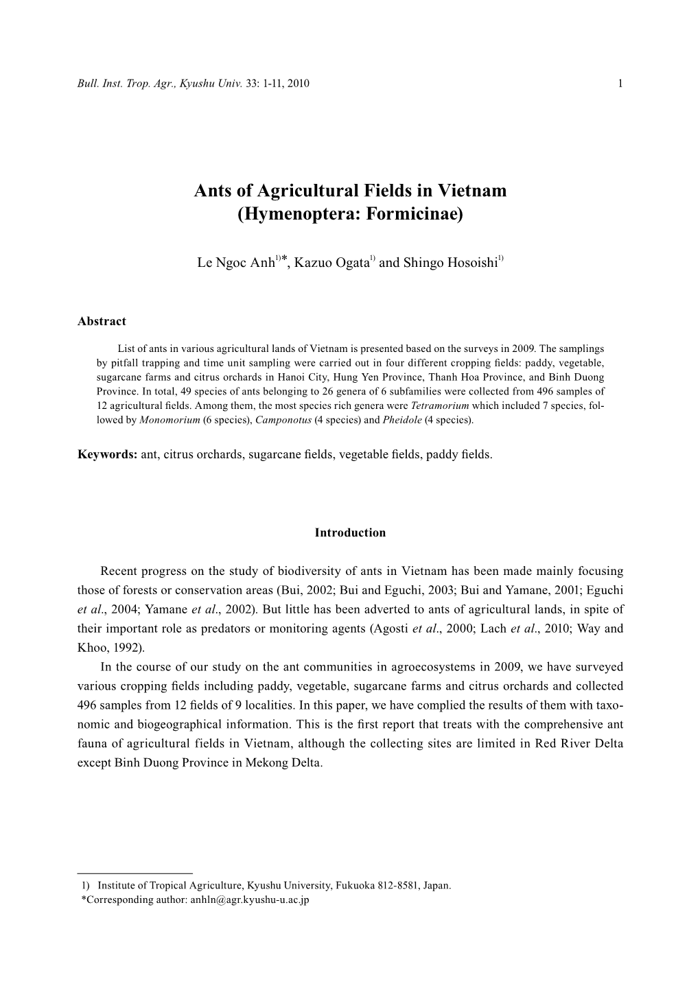 Ants of Agricultural Fields in Vietnam (Hymenoptera: Formicinae)