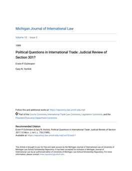 Political Questions in International Trade: Judicial Review of Section 301?