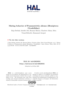 Mating Behavior of Psammotettix Alienus (Hemiptera: Cicadellidae) Maja Derlink, Isabelle Abt, Romain Mabon, Charlotte Julian, Meta Virant-Doberlet, Emmanuel Jacquot