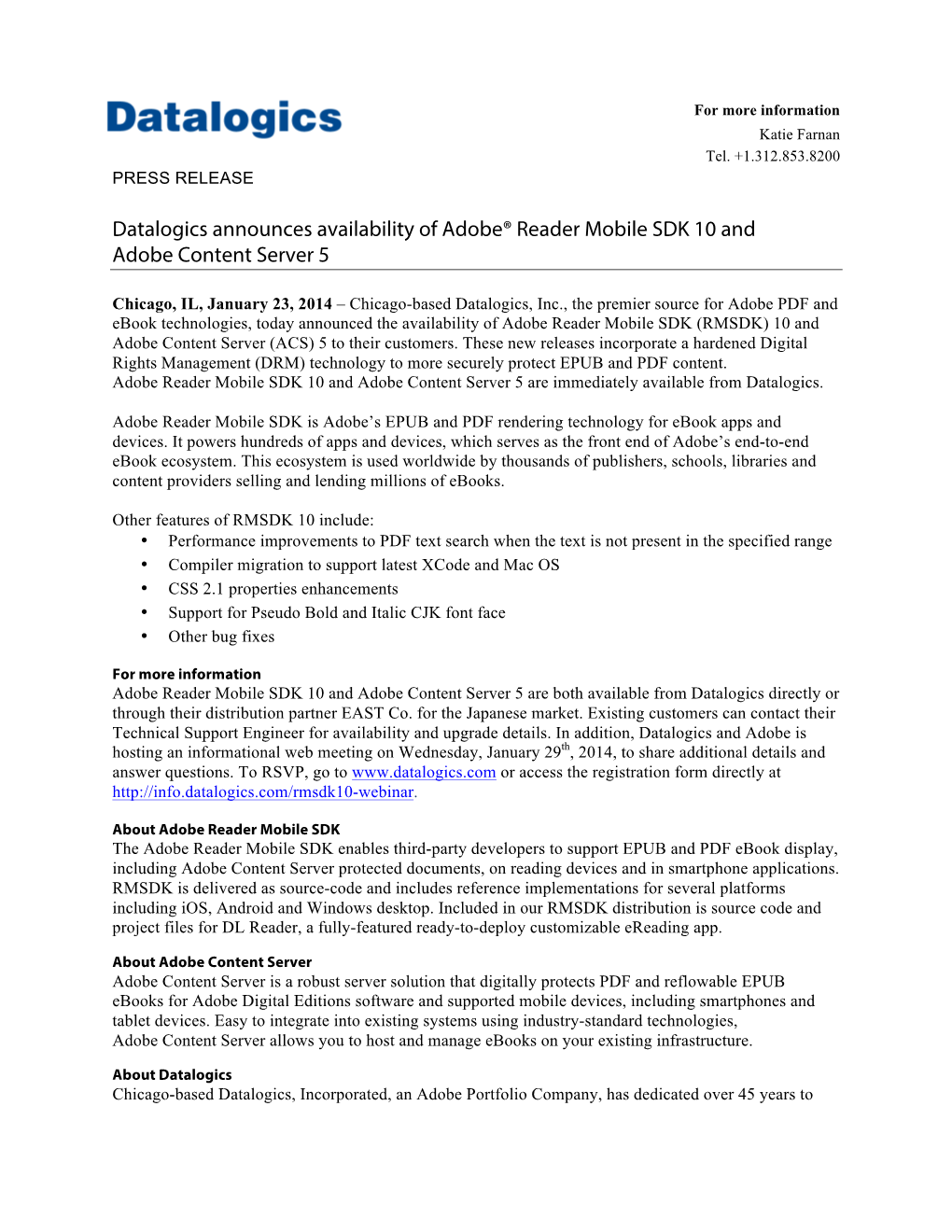 Datalogics Announces Availability of Adobe® Reader Mobile SDK 10 and Adobe Content Server 5