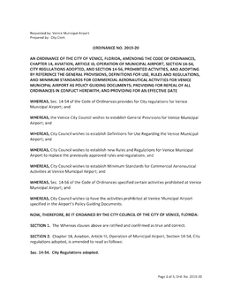 Ordinance No. 2019-20 an Ordinance of the City of Venice, Florida, Amending the Code of Ordinances, Chapter 14, Aviation, Articl