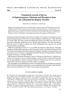 Faunistical Records of Larvae of Ephemeroptera, Odonata and Plecoptera from the Zakarpats’Ka Region, Ukraine