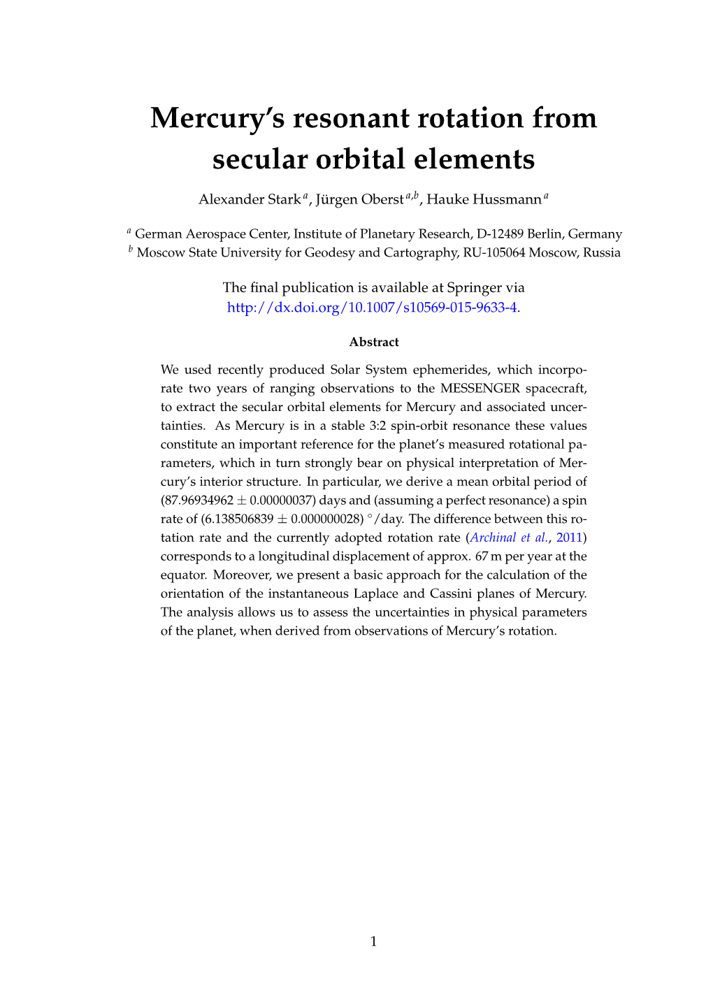 Mercury's Resonant Rotation from Secular Orbital Elements