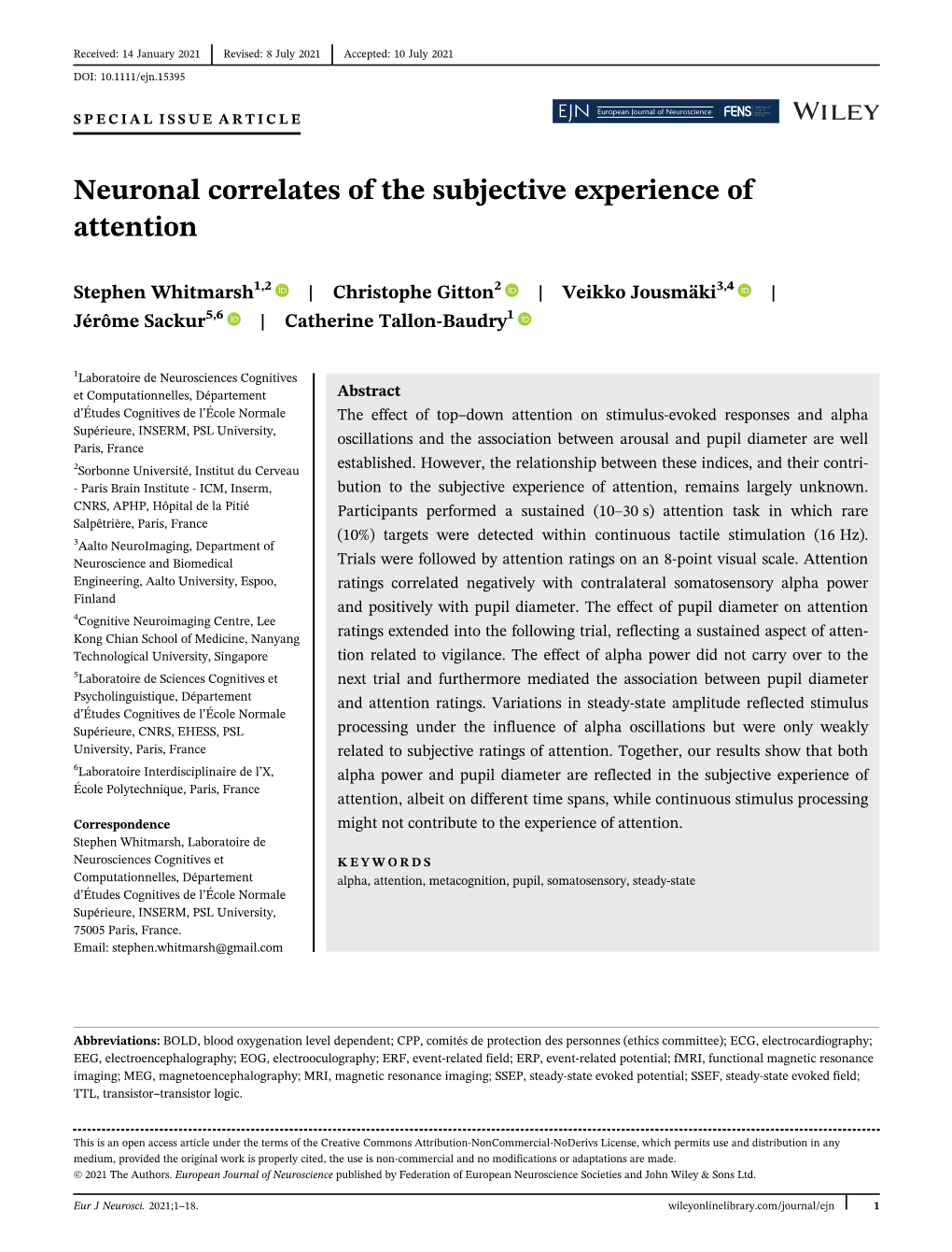 Neuronal Correlates of the Subjective Experience of Attention