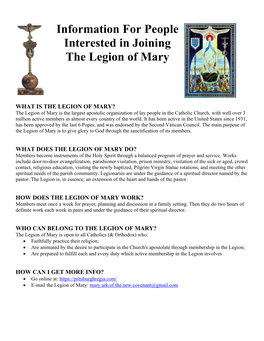 Information for People Interested in Joining the Legion of Mary