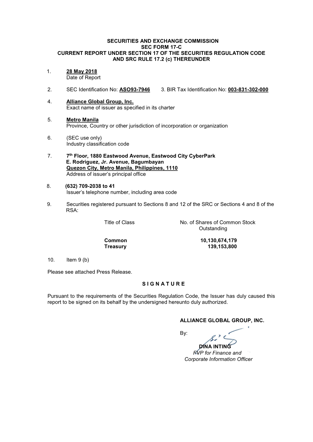 SECURITIES and EXCHANGE COMMISSION SEC FORM 17-C CURRENT REPORT UNDER SECTION 17 of the SECURITIES REGULATION CODE and SRC RULE 17.2 (C) THEREUNDER