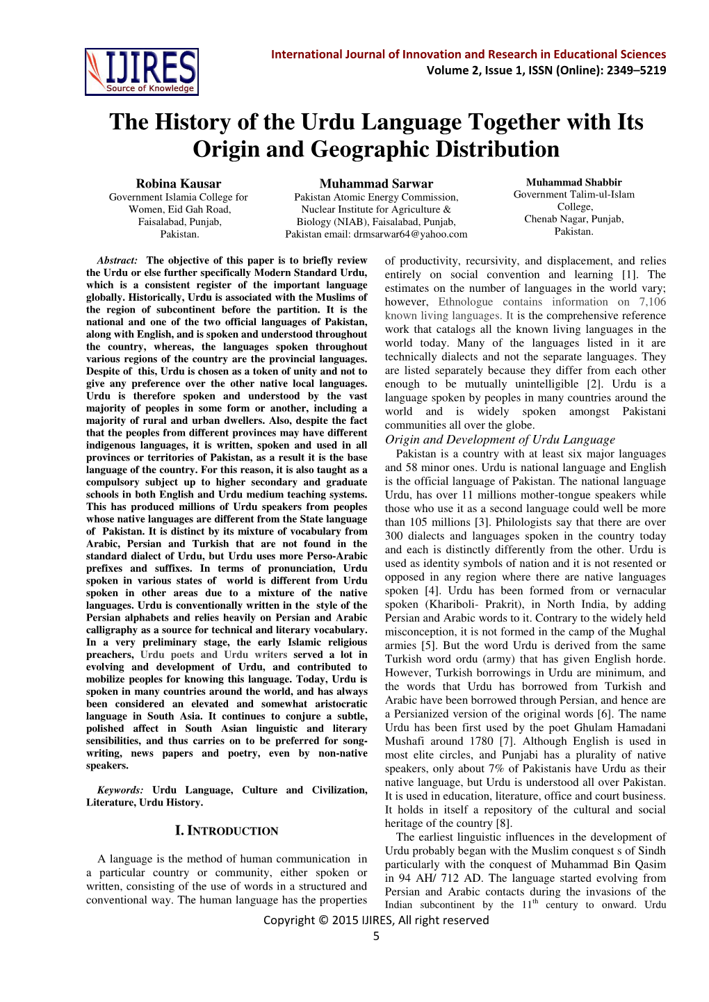 The History of the Urdu Language Together with Its Origin and Geographic Distribution