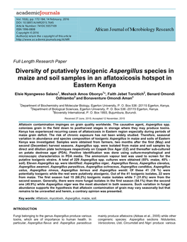 Diversity of Putatively Toxigenic Aspergillus Species in Maize and Soil Samples in an Aflatoxicosis Hotspot in Eastern Kenya