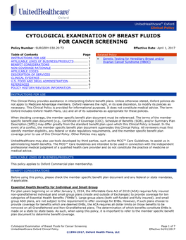 CYTOLOGICAL EXAMINATION of BREAST FLUIDS for CANCER SCREENING Policy Number: SURGERY 030.20 T2 Effective Date: April 1, 2017