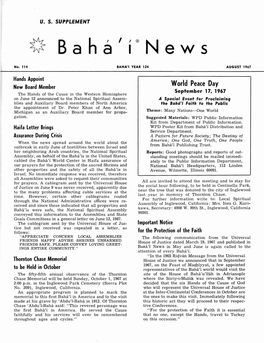 U.S. Supplement Baha'i News No. 114, August 1967