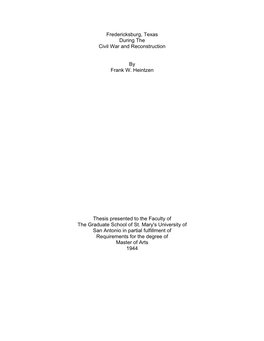 Fredericksburg, Texas During the Civil War and Reconstruction by Frank W