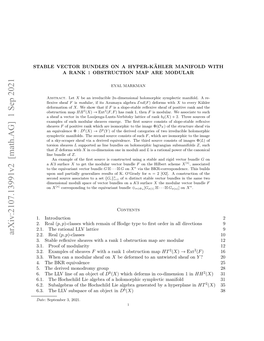 Arxiv:2107.13991V2 [Math.AG] 1 Sep 2021 TBEVCO UDE NAHYPER-K a on BUNDLES VECTOR STABLE ..Telvsbpc Fa Betin Object an of Subspace LLV the 6.3