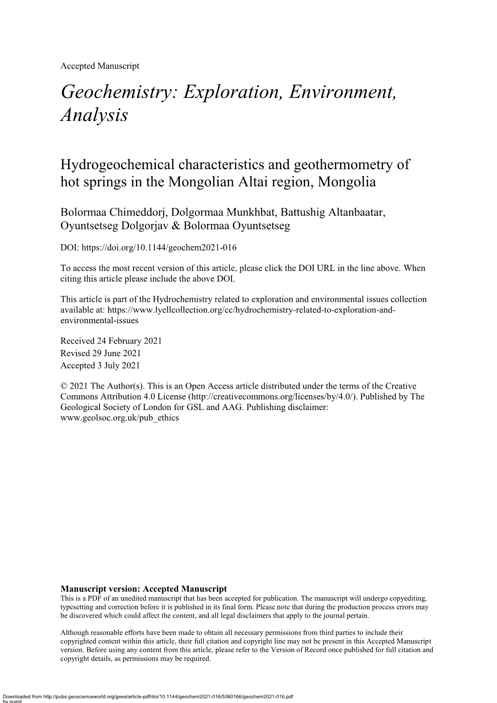 Hydrogeochemical Characteristics and Geothermometry of Hot Springs in the Mongolian Altai Region, Mongolia