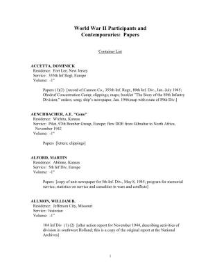 World War II Participants and Contemporaries: Papers